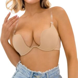 Sexy Code 1701 Women’s Push Up Bra with Clear Straps Deep V Plunge Low Cut Convertible Underwire Padded Cleavage Bra