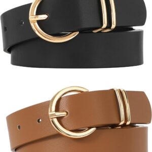 WHIPPY 2 Pack Women’s Leather Belts for Jeans Dresses, Fashion Gold Buckle Ladies Waist Belt