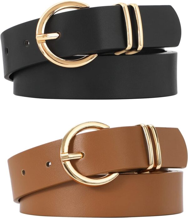 WHIPPY 2 Pack Women's Leather Belts for Jeans Dresses, Fashion Gold Buckle Ladies Waist Belt