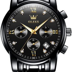 OLEVS Men’s Stainless Steel Chronograph Watch, Big Face Multi Dial Waterproof Luminous Analog Quartz Watch, Luxury Date Diamond Classic Men Wrist Watch (Gold/Silver/Black/Blue)