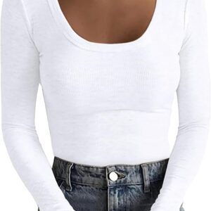 Basicspace Women’s Scoop Neck Long Sleeve Stretch Slim Fitted Casual Shirts Ribbed Basic T Shirts