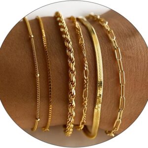 JECOMY Gold Bracelets for Women Dainty 14k Gold Plated Cross Bracelet Beaded Bracelets Box Chain Bracelets Herringbone Gold Chain Bracelet Trendy Handmade Jewelry Gift