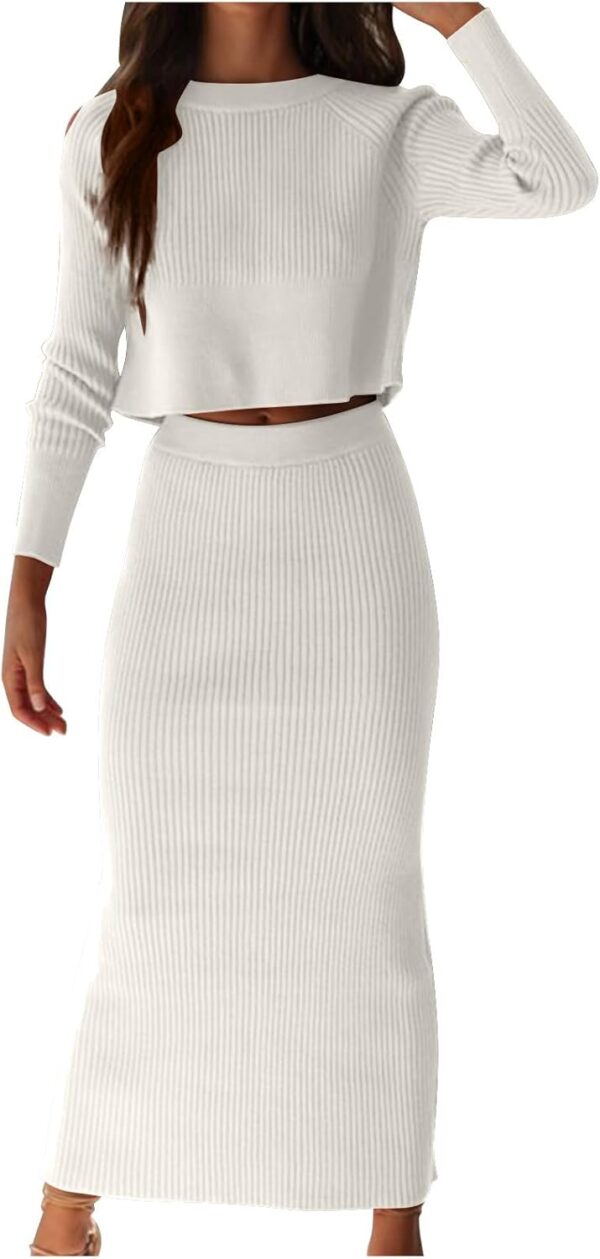 Sweater Skirt Sets Women 2 Piece Outfits Rib Knit Long Sleeve Crop Top Maxi Bodycon Skirt Casual Outfits Dress