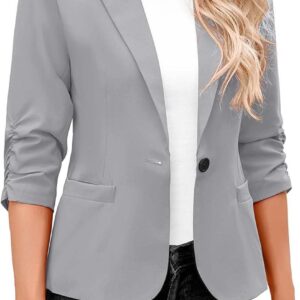 Womens Trendy Ruched 3/4 Sleeve Blazers Casual Business Blazer Button Open Front Work Office Suit Jacket with Pocket