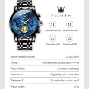 OLEVS Men’s Stainless Steel Chronograph Watch, Big Face Multi Dial Waterproof Luminous Analog Quartz Watch, Luxury Date Diamond Classic Men Wrist Watch (Gold/Silver/Black/Blue)