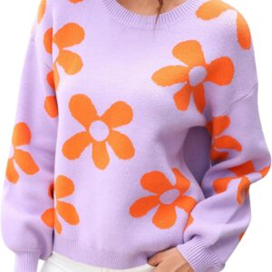 Yihaojia Women’s Floral Print Pullover Sweater Long Sleeve Round Neck Knit Drop Shoulder Pullovers Sweater Tops 2023 Fall