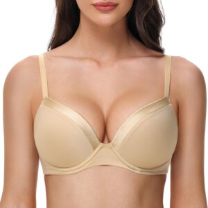 Deyllo Women’s Push Up Smoothing Underwire Bra Padded Deep V T-Shirt Bra Lift Up One Cup