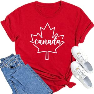 LINZEOO Womens Canada Shirts Canada Day Flag Short Sleeve Maple Leaf Tee Top