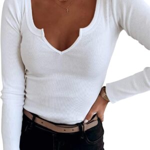 CHICZONE Women Long Sleeve Shirt V Neck Ribbed Knit Tight Tops Basic Solid T Shirt Blouse