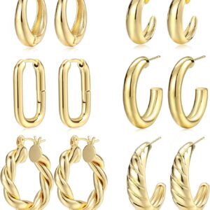 Gold Hoop Earrings Set for Women, 14K Gold Plated Lightweight Hypoallergenic Chunky Open Hoops Set for Gift