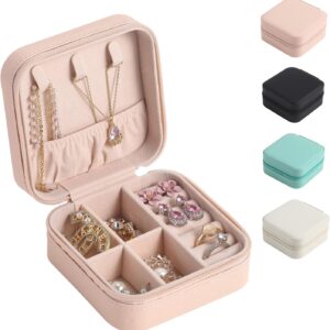 SYCARON Small Jewelry Box, Travel Jewelry Organizer Trendy Mini Jewelry Case Storage for Women Birthday Gifts Earring Rings Necklace Bracelets Accessories, Pink