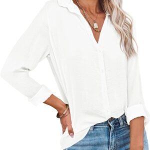 Diosun Womens Button Down V Neck Shirts Long Sleeve Office Casual Business Plain Blouses Tops