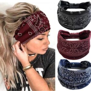 Headbands for Women Ladies Wide Hair Band Boho Floral Print Knot Elastic Running Yoga Head Wrap Hairbands(3 Colors)