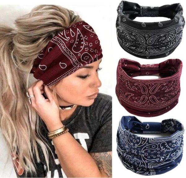 Headbands for Women Ladies Wide Hair Band Boho Floral Print Knot Elastic Running Yoga Head Wrap Hairbands(3 Colors)