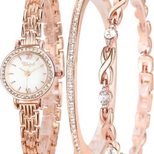 Clastyle Elegant Watch and Bracelet Set for Women Rose Gold Rhinestone Wrist Watch with Bangles Mother of Pearl Ladies Bracelet Watches