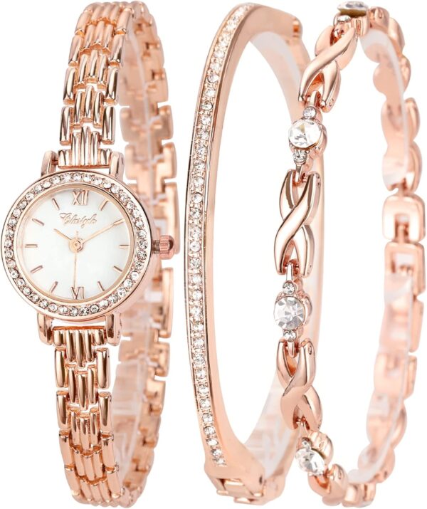 Clastyle Elegant Watch and Bracelet Set for Women Rose Gold Rhinestone Wrist Watch with Bangles Mother of Pearl Ladies Bracelet Watches