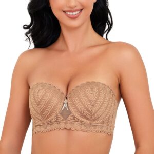 WingsLove Womens Push Up Strapless Bra Sexy Lace Underwire Lightly Lined Padded Balconette Bra