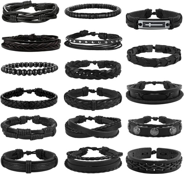 Adramata 10-17 Pcs Braided Leather Bracelet for Men Women Leather Wrist Punk Cuff Wrap Bracelets