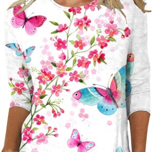 Women’s Tops Summer Fashion Floral Print Tee Blouse Loose Fit 3/4 Sleeve Round Neck T-Shirts Casual Pullover Tops