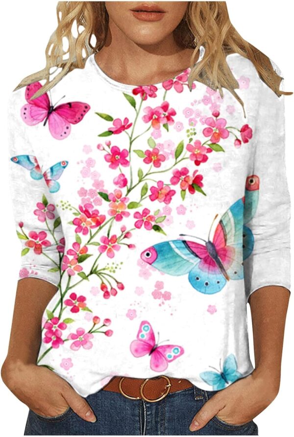 Women's Tops Summer Fashion Floral Print Tee Blouse Loose Fit 3/4 Sleeve Round Neck T-Shirts Casual Pullover Tops