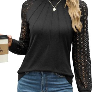 XIEERDUO Womens Long Sleeve Shirt Women Tops Lace Long Sleeve Crew Neck Pleated Blouse Womens Fall Clothing Trendy 2024