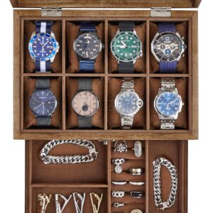 SONGMICS 8-Slot Watch Box, 2-Tier Watch Display Case with Large Glass Lid, Rustic Walnut UJOW008K01