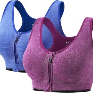 AoOnZan 2 Pack Sports Bras for Women High Impact Seamless Wireless Padded Yoga Bra, Front Zipper Closure Brassiere Sport