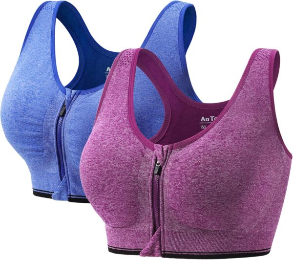 AoOnZan 2 Pack Sports Bras for Women High Impact Seamless Wireless Padded Yoga Bra, Front Zipper Closure Brassiere Sport