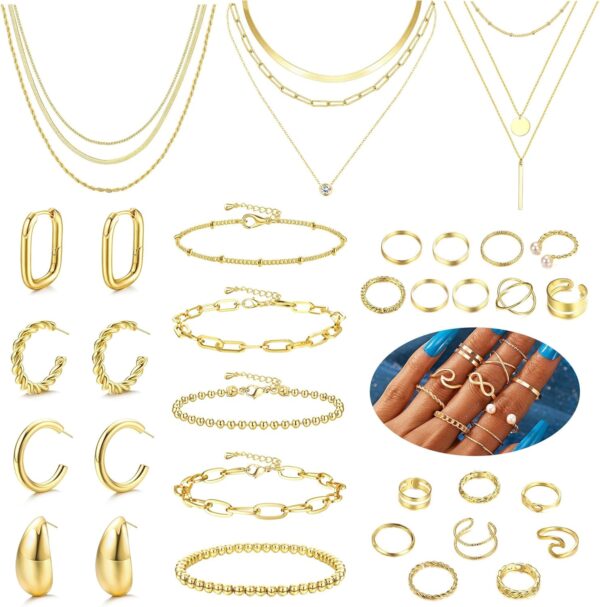 Thunaraz Gold Jewelry Sets for Women Trendy Gold Accessories Gold Necklace and Bracelet Set Gold Jewelry Pack