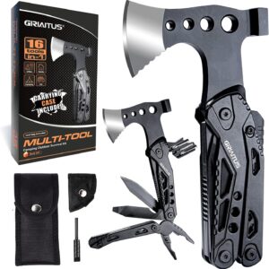 Camping Multitool Accessories Gifts for Men Dad 16 in 1 Upgraded Multi Tool Survival Gear with Axe Hammer Pliers Saw Screwdrivers Bottle Opener Whistle & Portable Sheath for Hiking,Fishing