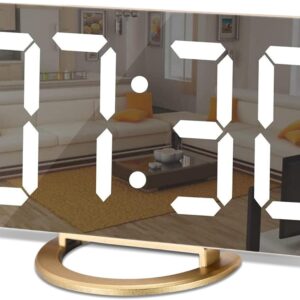 SZELAM Digital Alarm Clock,LED and Mirror Desk Clock Large Display,with Dual USB Charger Ports,3 Levels Brightness,12/24H,Modern Electronic Clock for Bedroom Home Living Room Office – Gold