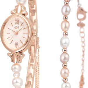 Clastyle Natural Pearls Watch and Bracelet Set for Women Elegant Rose Gold Ladies Dress Watch Set Stylish Oval Dial Wrist Watches with Pearl Bracelet Mothers Day Gift for Mom