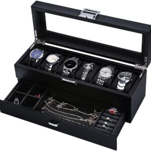 Watch Box 6 slot Watch Case Jewelry Organizer Holder for Watches Storage and Display with Drawer,Glass Top Watch Storage Case for Men Women (6slots, black)