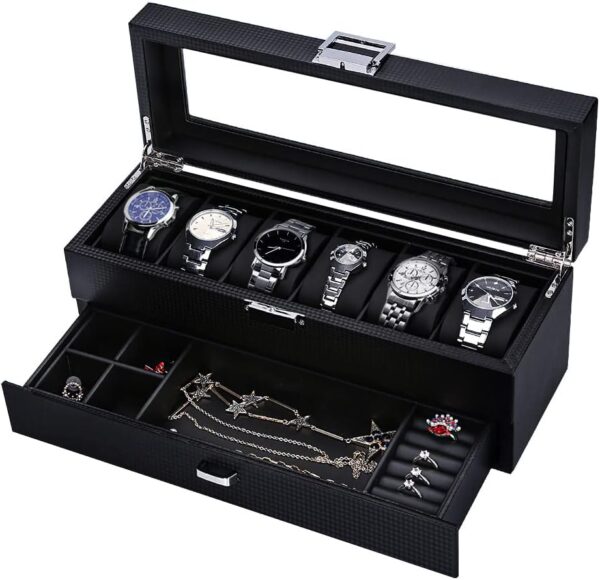 Watch Box 6 slot Watch Case Jewelry Organizer Holder for Watches Storage and Display with Drawer,Glass Top Watch Storage Case for Men Women (6slots, black)