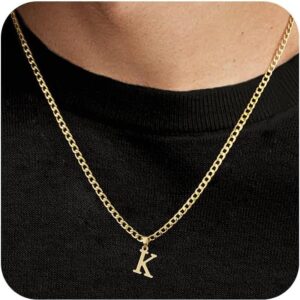 JIKASI Initial A-Z Letter Pendant Necklace for Men 18K Gold Plated Capital Initial Necklace Cuban Link Chain 4mm 20 Inch Jewelry Gift