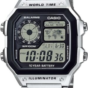 Casio AE1200WH Series | Men’s Digital Watch | 100M WR | Multi Alarms | 100 SEC Stopwatch | Countdown Timer | World Map for World Time | LED Light | LC Analog Display | 10 Year Battery