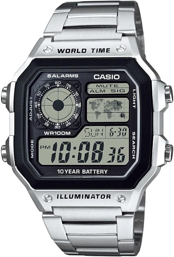 Casio AE1200WH Series | Men’s Digital Watch | 100M WR | Multi Alarms | 100 SEC Stopwatch | Countdown Timer | World Map for World Time | LED Light | LC Analog Display | 10 Year Battery