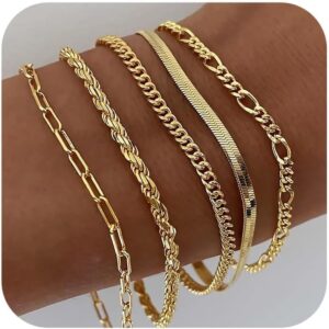 Gold Bracelets for Women Waterproof, 14K Real Gold Jewelry Sets for Women Trendy Thin Dainty Stackable Cuban Link Paperclip Chain Bracelet Pack Fashion Accessories Gifts for Womens ﻿