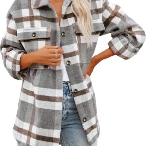 Jhsnjnr Women’s Plaid Shirts Long Sleeve Flannel Lapel Button Down Shacket Jacket Coats