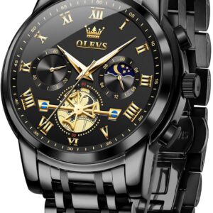 OLEVS Men’s Stainless Steel Chronograph Watch, Big Face Multi Dial Waterproof Luminous Analog Quartz Watch, Luxury Date Diamond Classic Men Wrist Watch (Gold/Silver/Black/Blue)