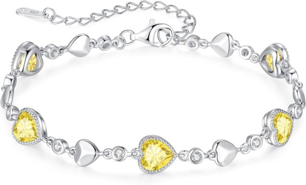 LOUISA SECRET Five Heart Birthstone Bracelets for Women, 925 Sterling Silver Dainty Women Charm Link Bracelet, Birthday Anniversary Jewelry Gifts for Woman Girlfriend Mother Mom Her Wife