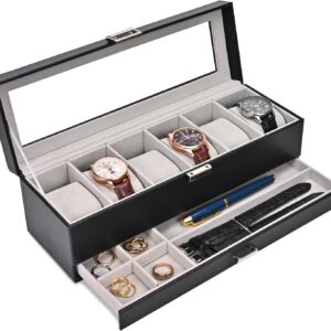 ProCase Watch Box for Men, 6 Slot Watch Display Case with Drawer, Mens Watch Case With Glass Lid, 2-Layer Jewelry and Watch Storage Watch Holder Organizer for Men Women -6 Slot, Black