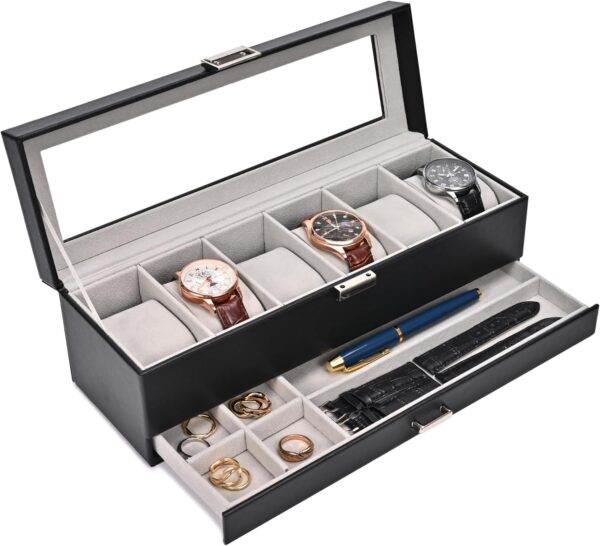 ProCase Watch Box for Men, 6 Slot Watch Display Case with Drawer, Mens Watch Case With Glass Lid, 2-Layer Jewelry and Watch Storage Watch Holder Organizer for Men Women -6 Slot, Black