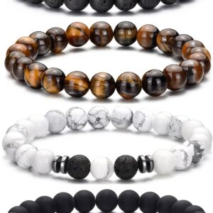 Tiger Eye Bracelet For Men 8MM Natural Stone Beads Bracelet Set Stretch Lava Rock Bracelets Adjustable Black Crystal Beaded Bracelet for Men Women Gifts