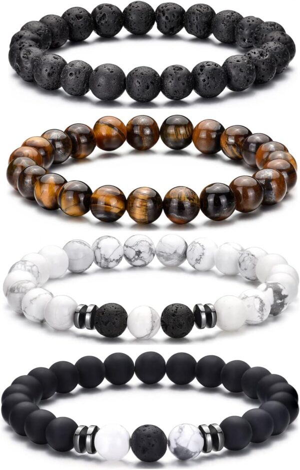 Tiger Eye Bracelet For Men 8MM Natural Stone Beads Bracelet Set Stretch Lava Rock Bracelets Adjustable Black Crystal Beaded Bracelet for Men Women Gifts