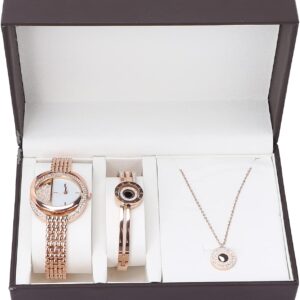 Watch and Bangle Set, Business Style Watch Bracelet Necklace Set Glitter Crystal Women’s Wrist Watches Jewelry Set Gifts for Gradution Working Anniversary for Ladies Women(Rose Gold)