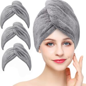 3 Pack Microfiber Hair Towel Wrap BEoffer Super Absorbent Twist Turban for Women Fast Drying Hair Caps with Buttons for Drying Curly, Long & Thick Hair Anti Frizz (Grey)