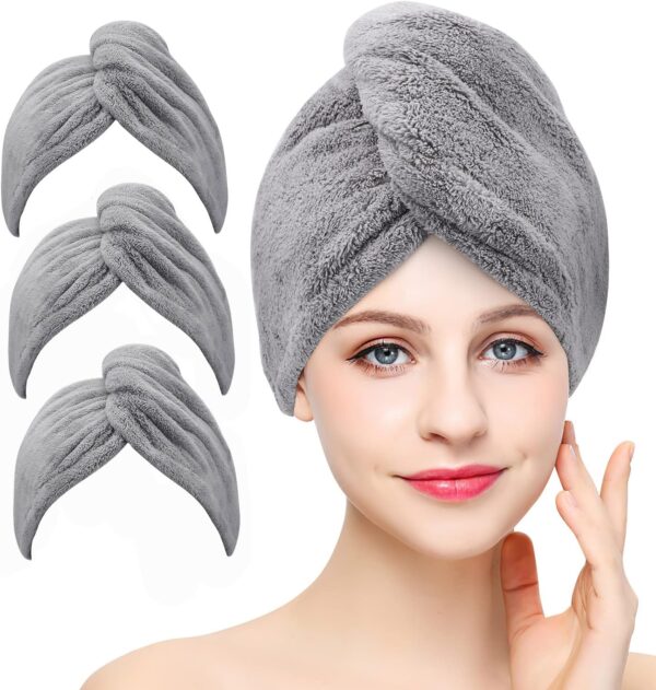 3 Pack Microfiber Hair Towel Wrap BEoffer Super Absorbent Twist Turban for Women Fast Drying Hair Caps with Buttons for Drying Curly, Long & Thick Hair Anti Frizz (Grey)