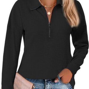 WNEEDU Women’s Sweatshirt Long Sleeve Tops Waffle Knit Lapel Neck Half Zipper Loose Casual Shirts 2024 Tunic Fall Pullover