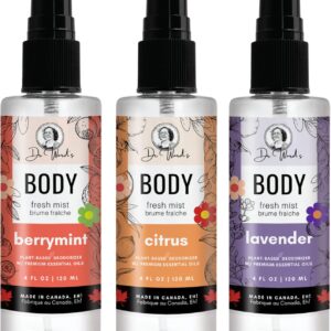 Body Fresh Mist – 3 PACK – Organic Deodorizing Mists with Premium Essential Oils. Light, Refreshing and Great for Skin. Citrus, Berry Mint & Lavender.